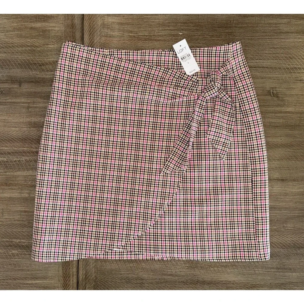 NWT LOFT Ann Taylor Pink Black Tan Plaid Tie Front Faux Wrap Mini Skirt Size 6